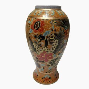 Vintage Chinese Pottery Vase, 9" Chinoiserie Satsuma Moriage Gilt with Goose